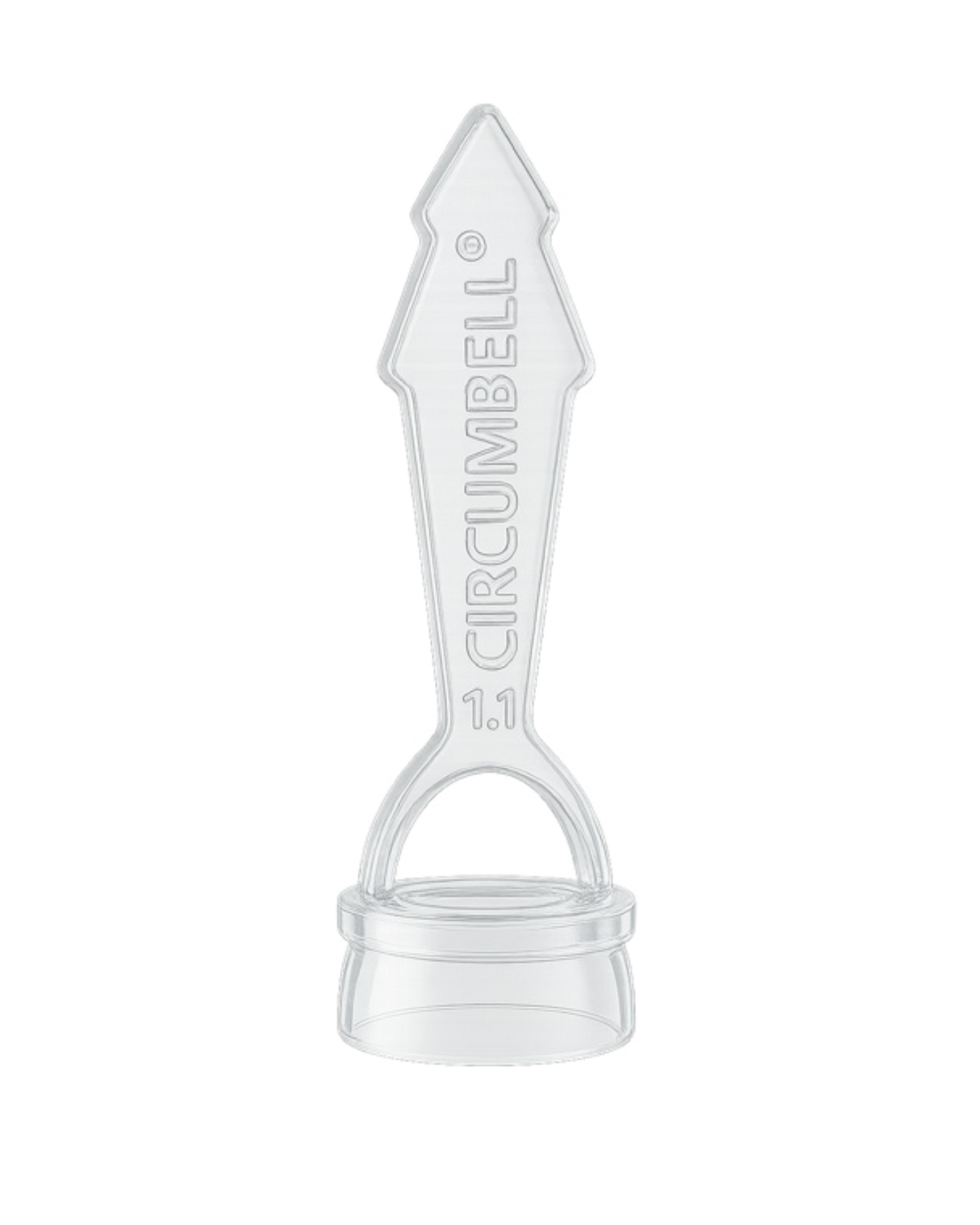 Clear plastic circumcision device with 'Circumbell' branding on a white background
