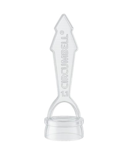 Clear plastic circumcision device with 'Circumbell' branding on a white background