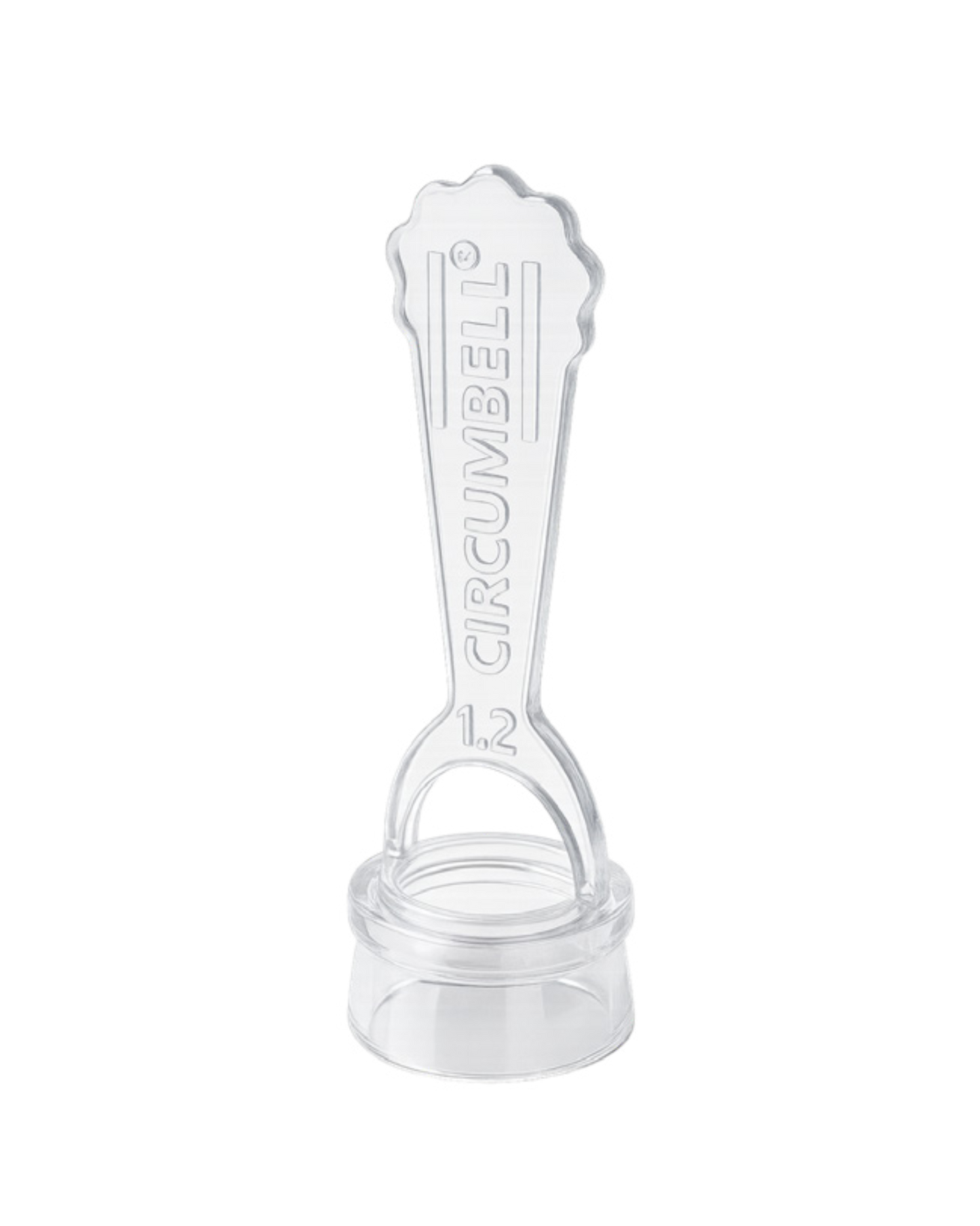 Clear plastic circumcision device with 'Circumbell' branding on a white background