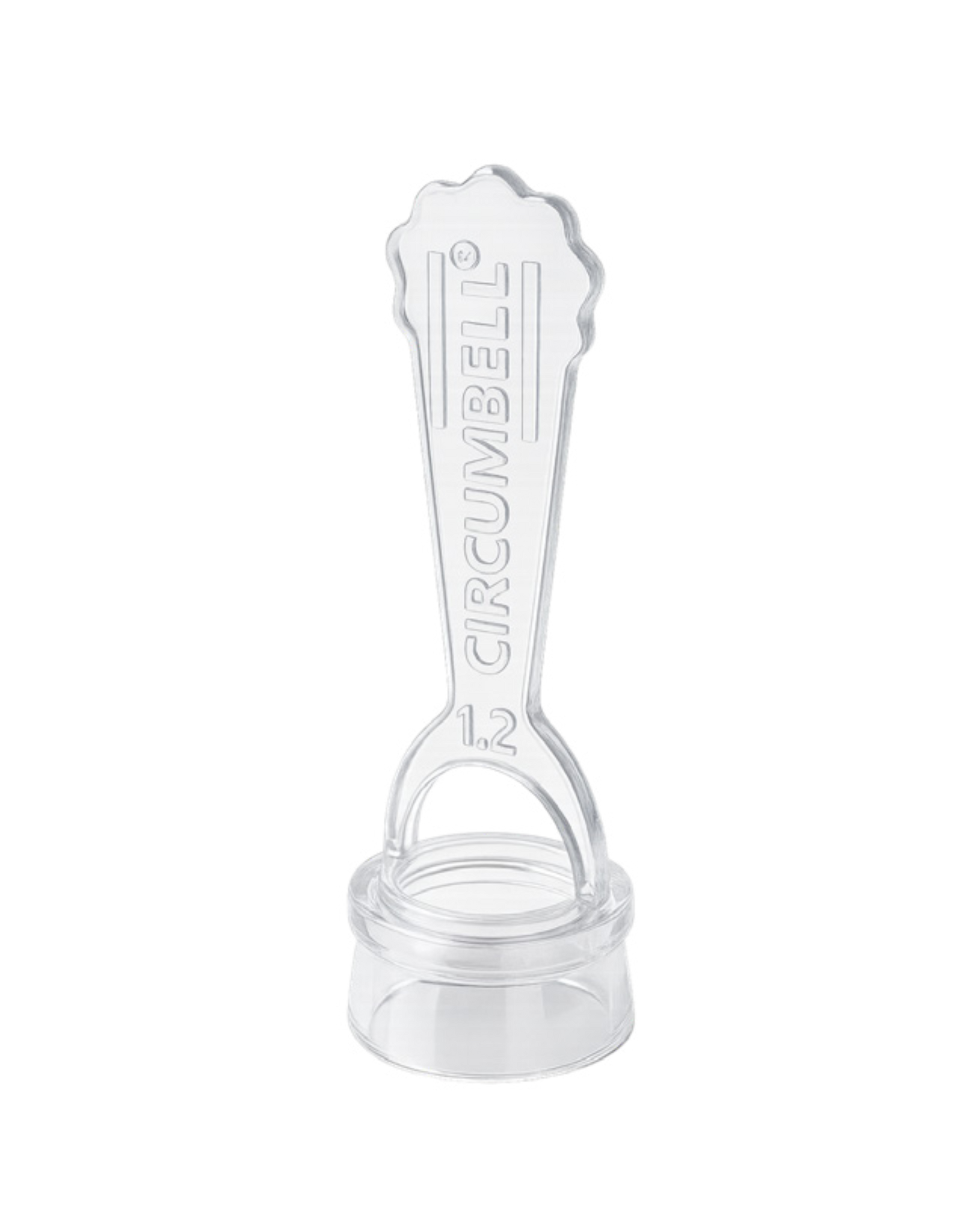 Clear plastic circumcision device with 'Circumbell' branding on a white background