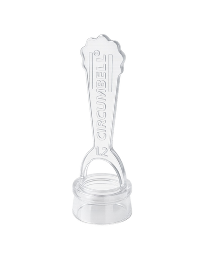 Clear plastic circumcision device with 'Circumbell' branding on a white background