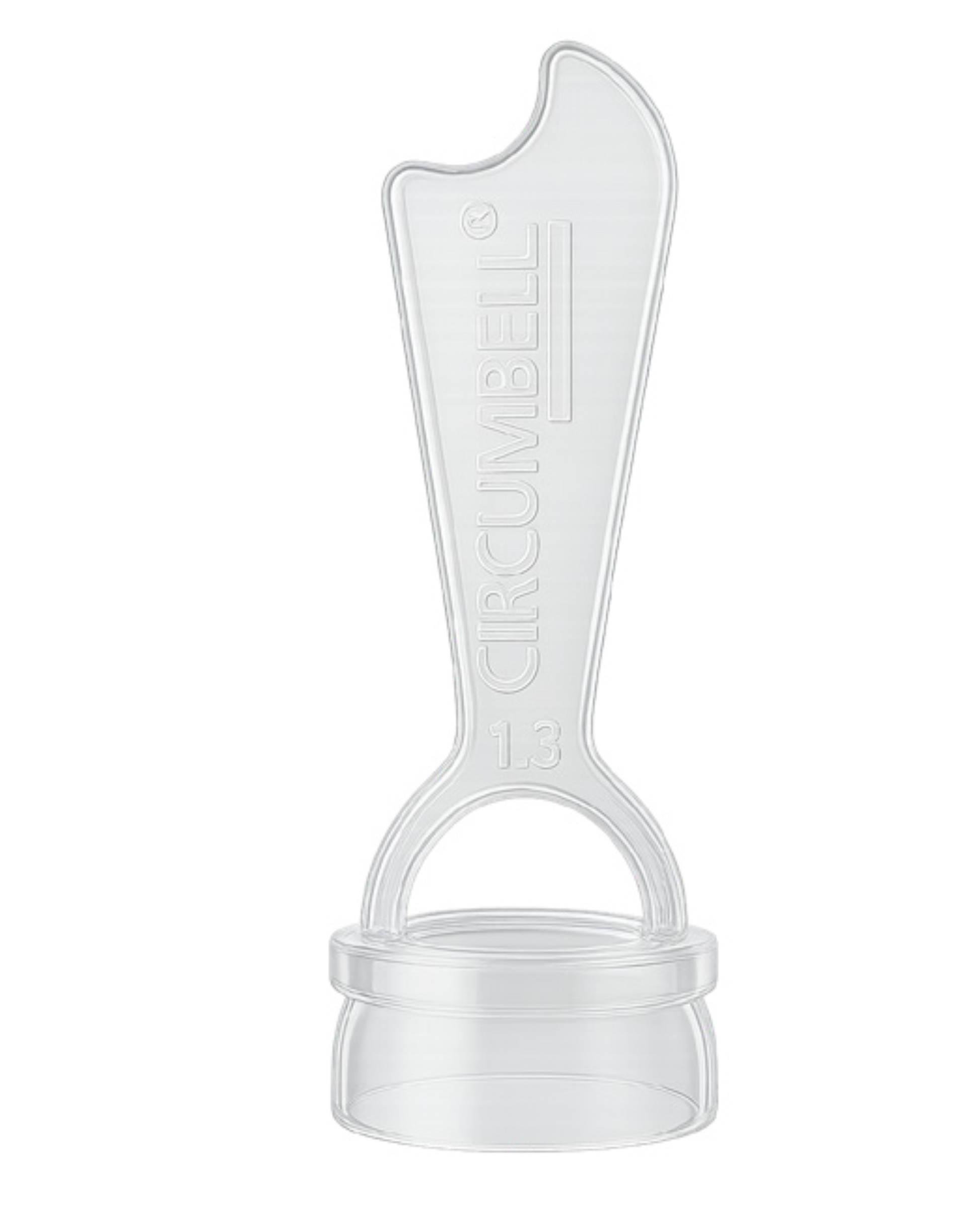 Clear plastic circumcision device with 'Circumbell' branding on a white background