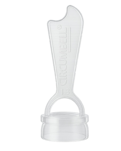 Clear plastic circumcision device with 'Circumbell' branding on a white background
