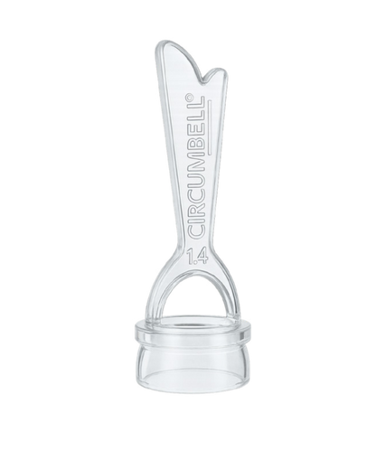 Clear plastic circumcision device with 'Circumbell' branding on a white background