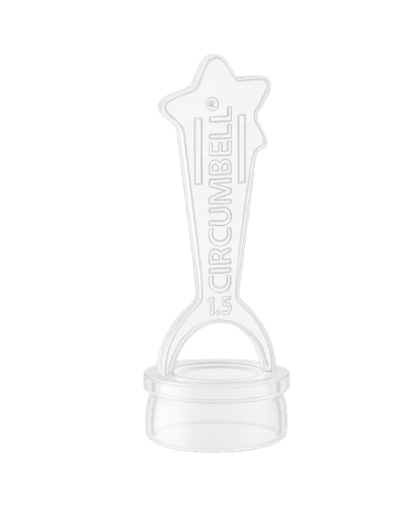 Clear plastic circumcision device with 'Circumbell' branding on a white background