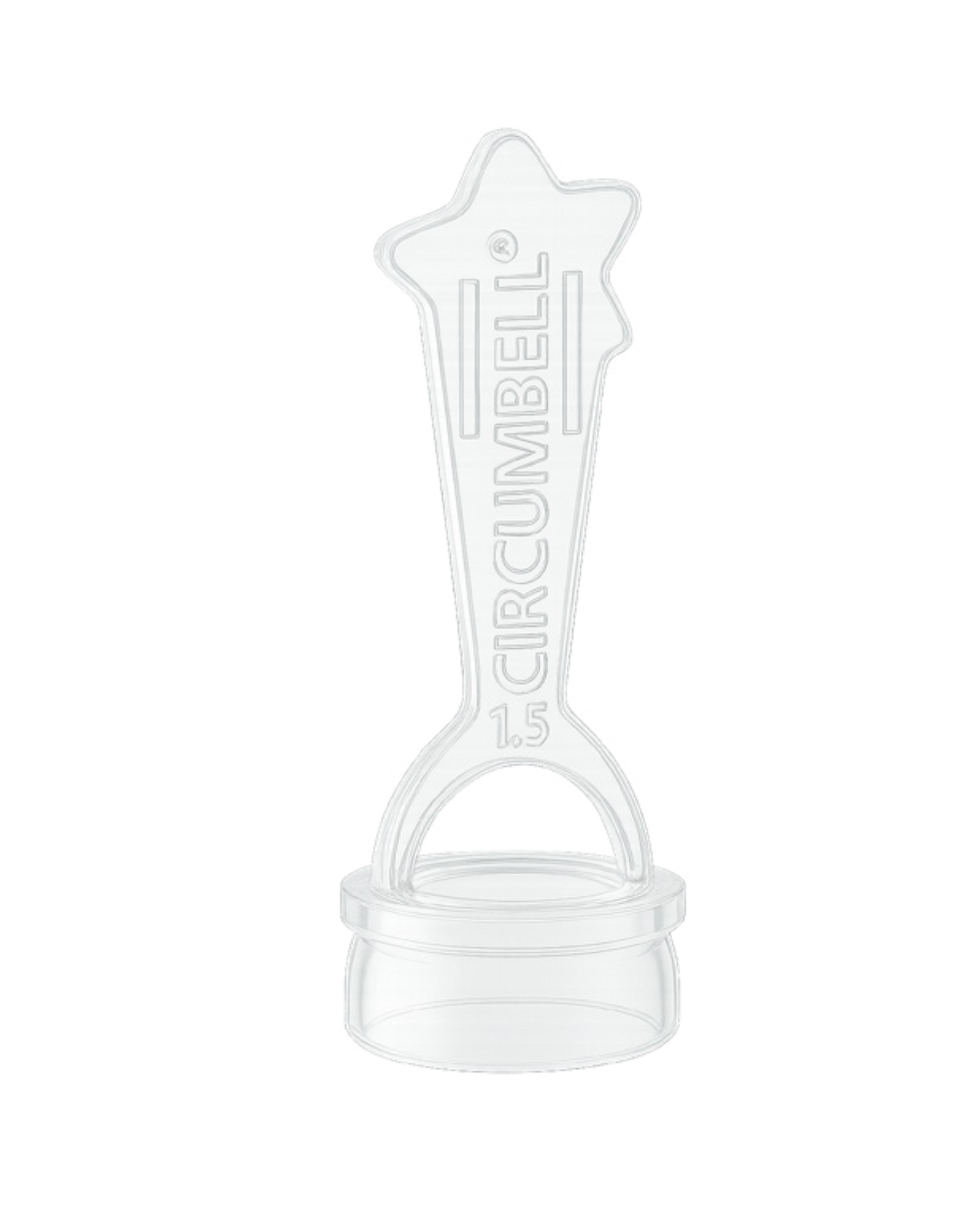 Clear plastic circumcision device with 'Circumbell' branding on a white background