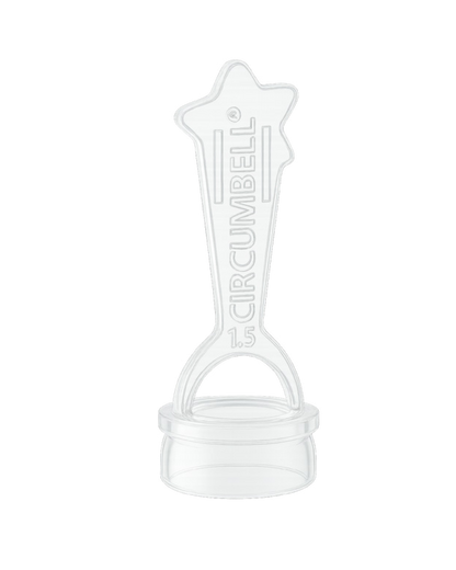 Clear plastic circumcision device with 'Circumbell' branding on a white background
