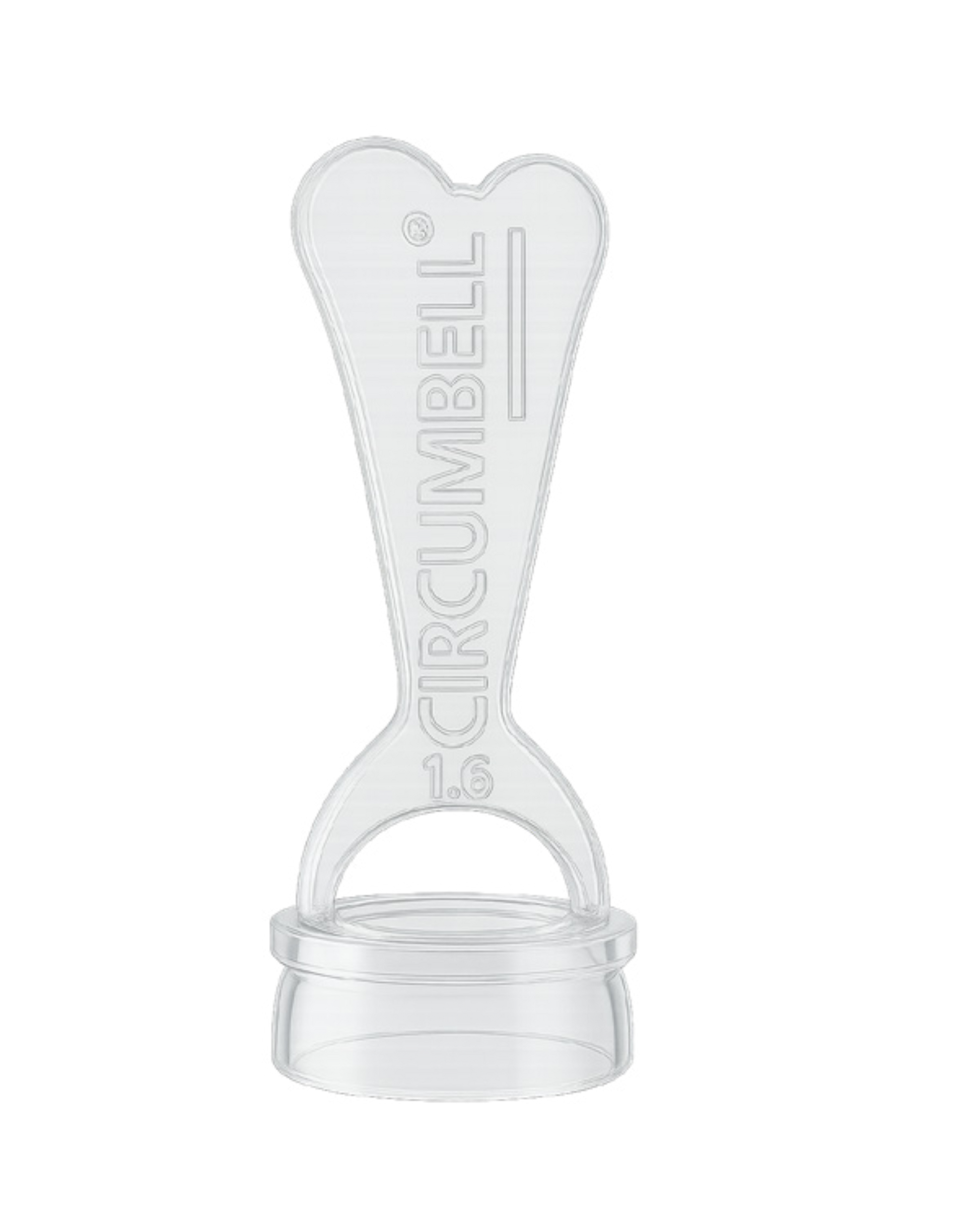 Clear plastic circumcision device with 'Circumbell' branding on a white background