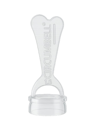 Clear plastic circumcision device with 'Circumbell' branding on a white background