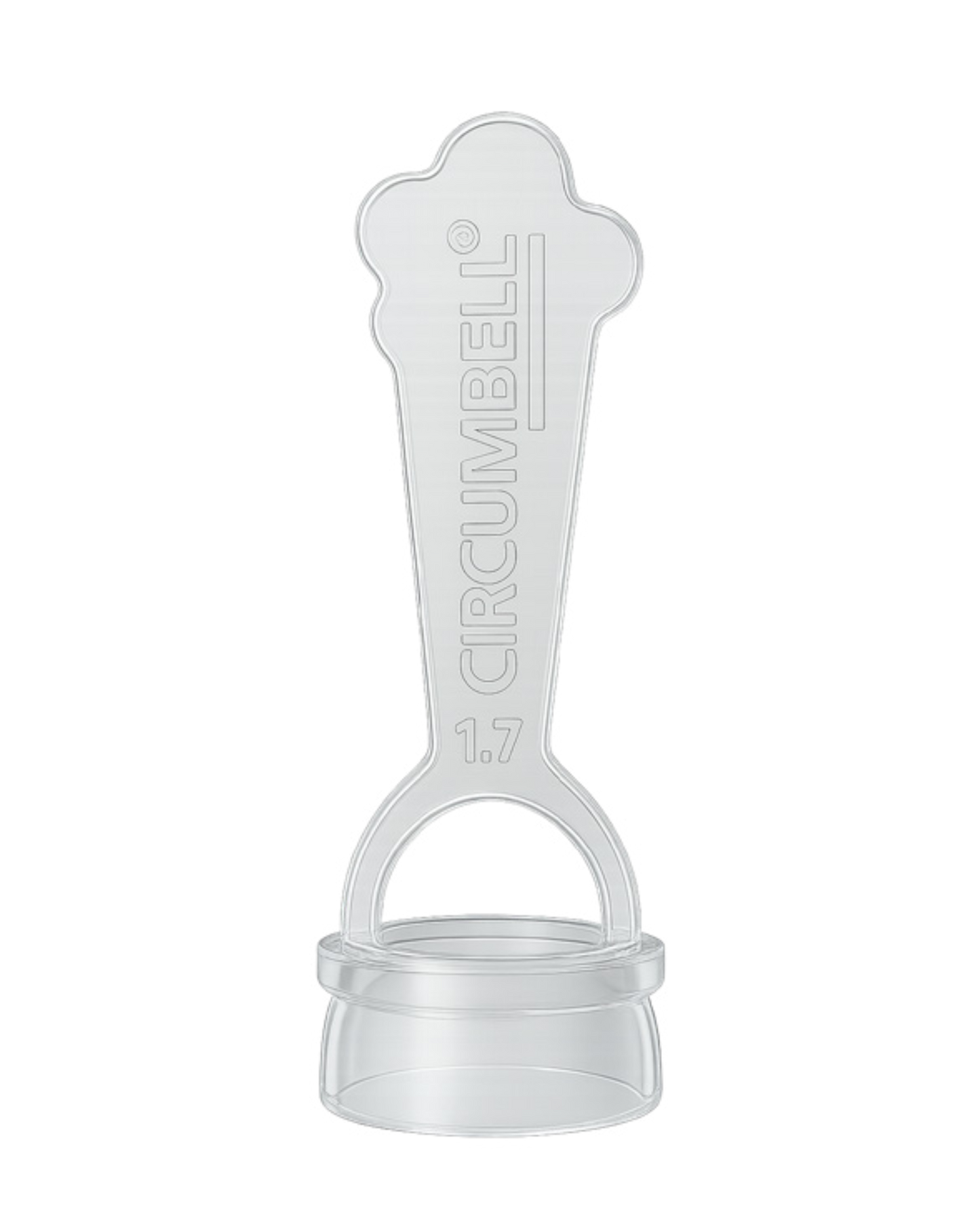 Clear plastic circumcision device with 'Circumbell' branding on a white background