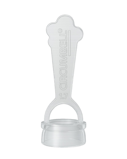 Clear plastic circumcision device with 'Circumbell' branding on a white background