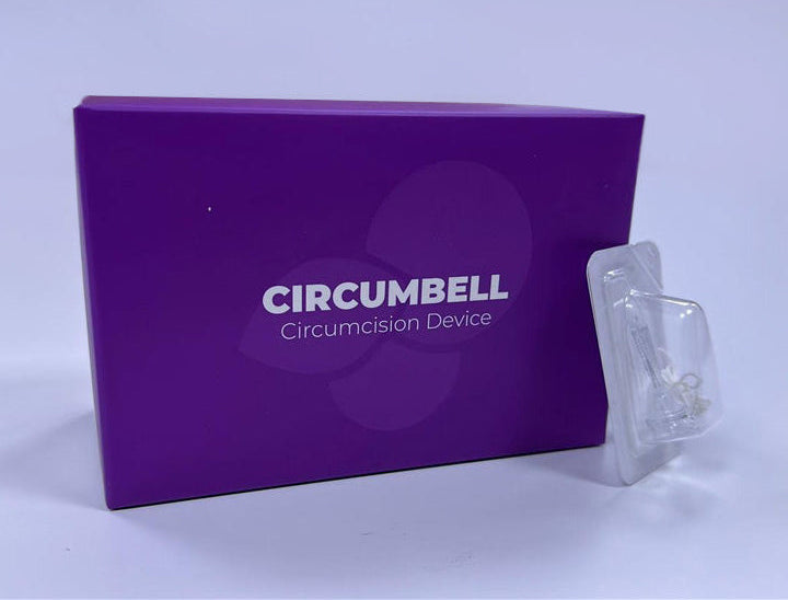 Purple box labeled 'Circumbell Circumcision Device' with a clear plastic component on a light purple background