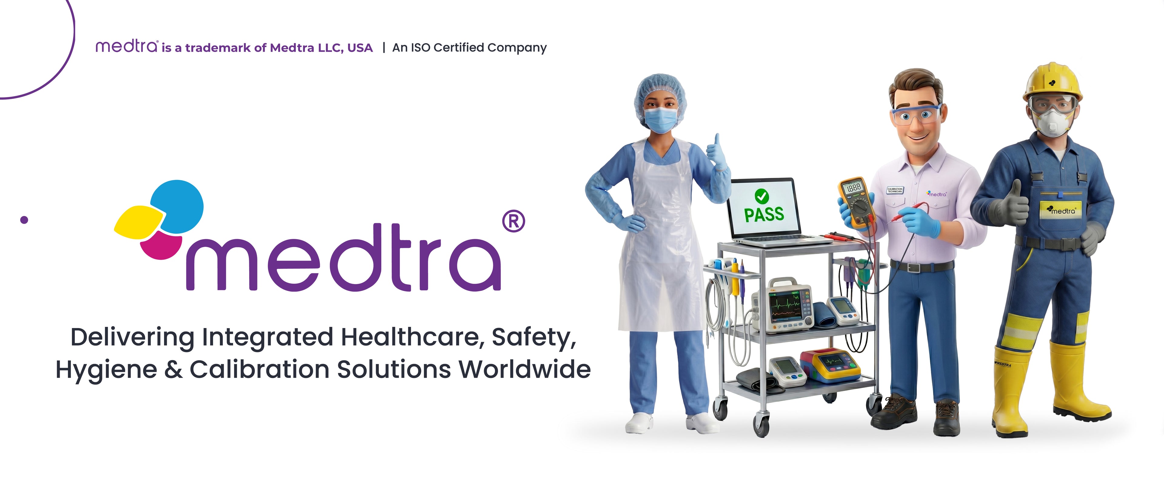 Three individuals in protective gear with a Medtra logo and text about healthcare solutions.